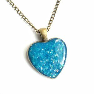 Blue fire opal (faux) heart shaped pendant on bronze necklace new handmade resin